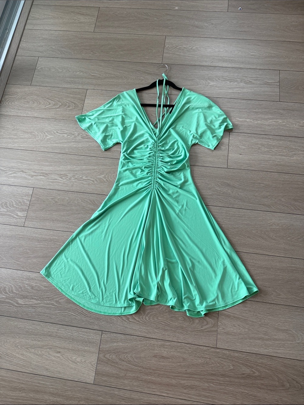White House Black Market Mint Green Ruched V-Neck Mini Dress